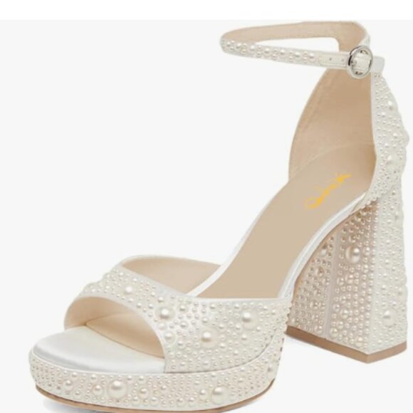 XYD Ivory Jeweled Open Toe Chunky High Heel Platform Buckled Ankle Strap Sandals - Picture 1 of 8